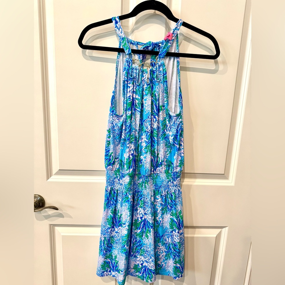 Lilly Pulitzer Shirelle Skirted Romper in Las Olas Aqua Strong Current Sea, XS.